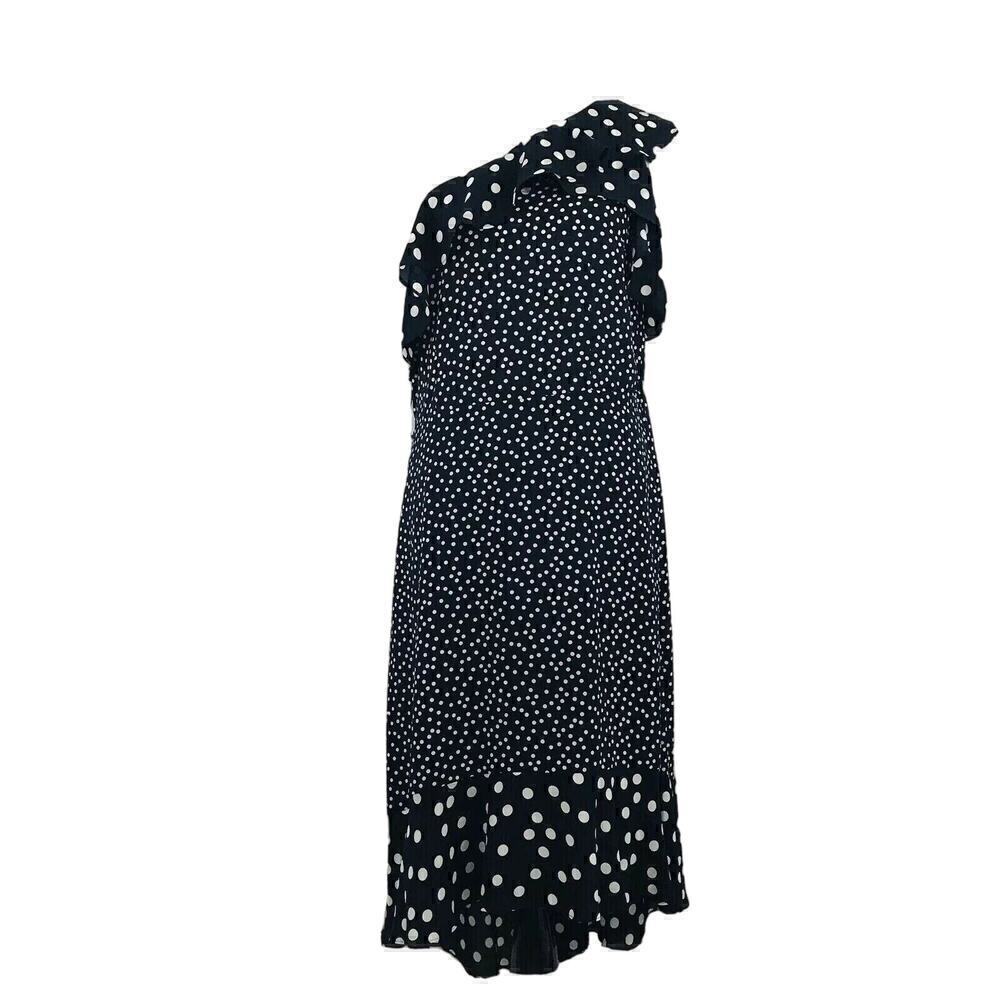 NWT A New Day Womens Dress L 12 14 Navy Blue Polka Dot One Shoulder Ruffle